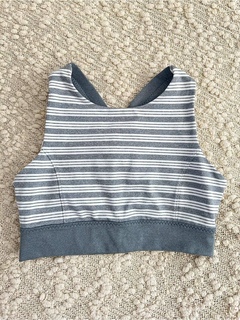 Athleta High Neck Criss Cross Sports Bra Small Grey White Stripe Activewear S
